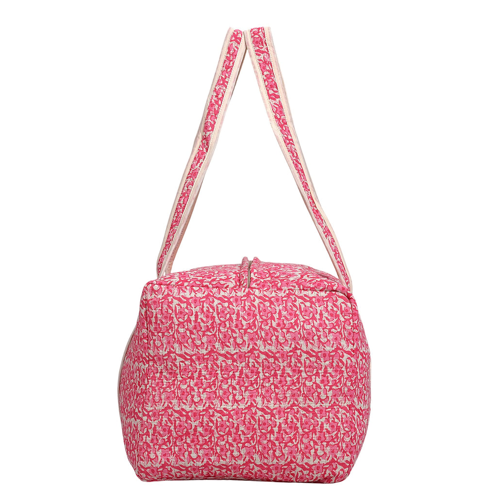 Quilted Fabric Abstract Floral Print Travel Duffel Bag - Pink & Cream