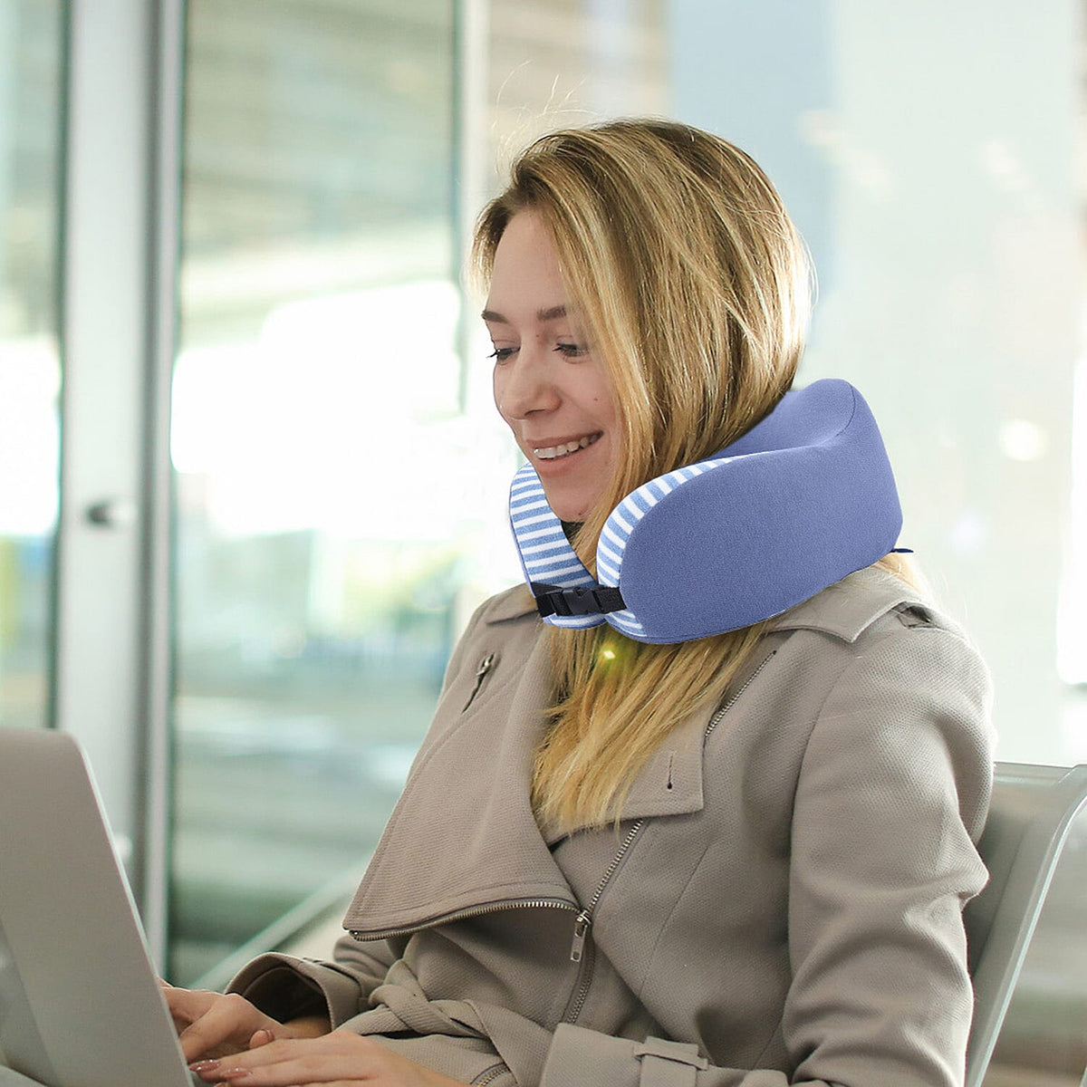 Cotton Roll-Up Light Weight Neck Pillow with Buckle Closure, Memory Foam for Neck Support and Comfort  - Blue 6343950 2