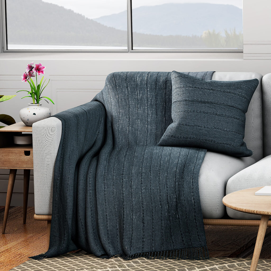 Solid Woven Cotton Slub Throw Blanket (218x152 cm) with Cushion Cover (Size 45x45 cm) - Blue