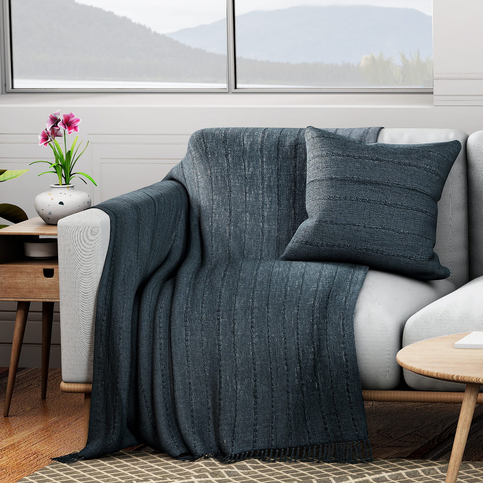 Solid Woven Cotton Summer Blanket with Cushion Cover 7771331 0