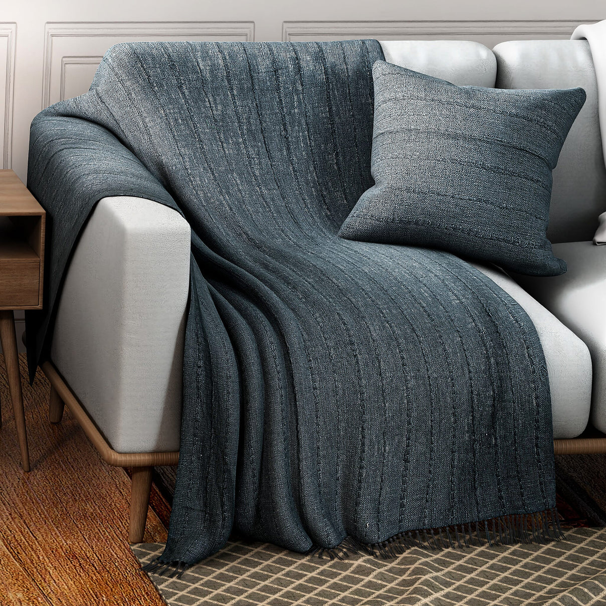 Solid Woven Cotton Summer Blanket with Cushion Cover 7771331 2