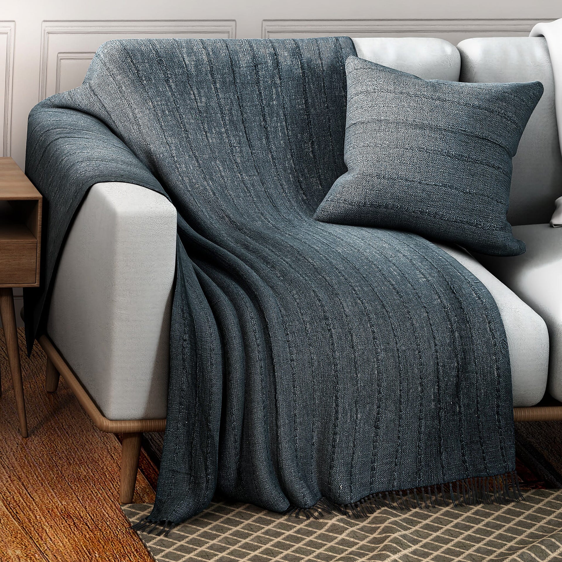 Solid Woven Cotton Summer Blanket with Cushion Cover 7771331 2
