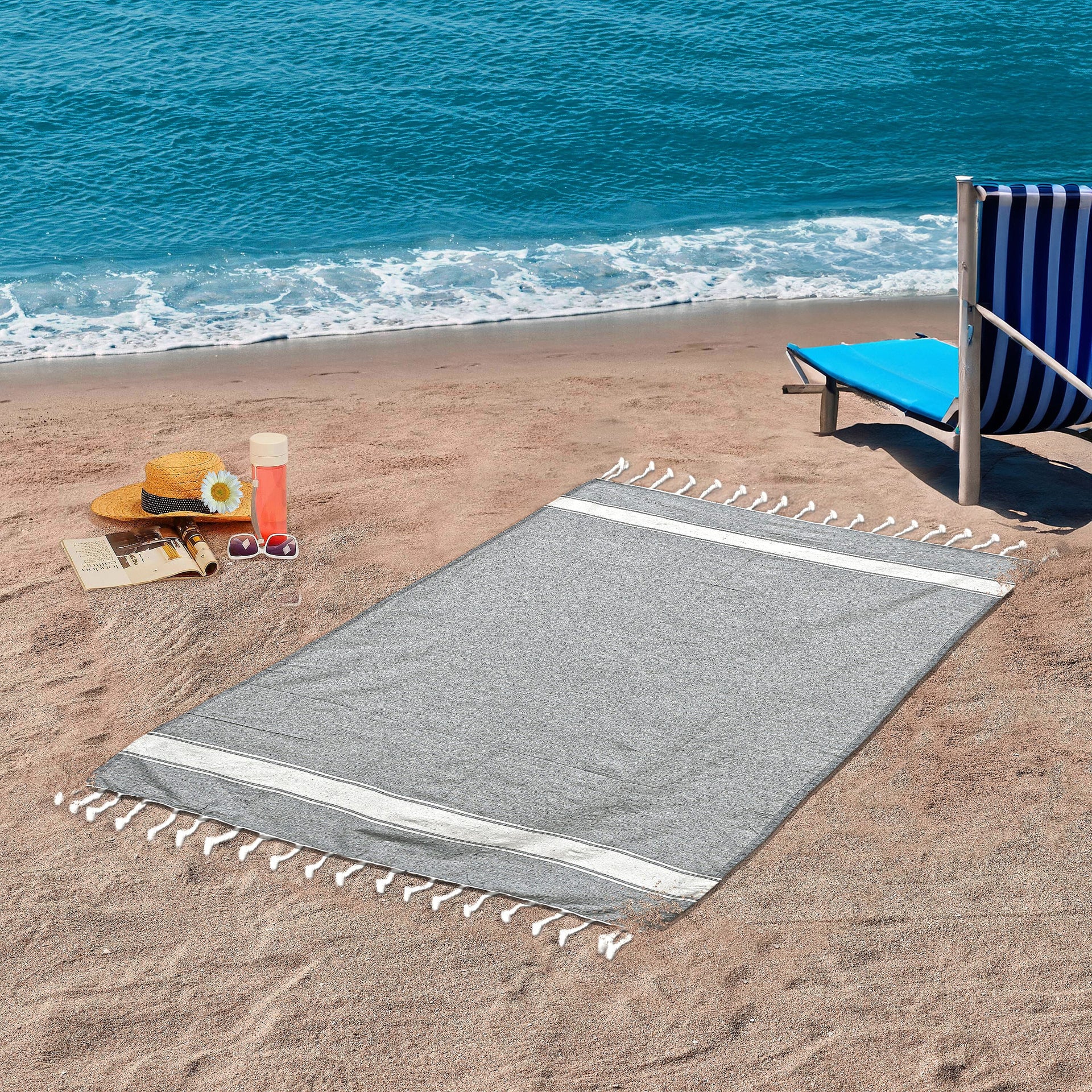 Cotton Stripe Towel (Size 90x170 cm) - Grey 7771722 2
