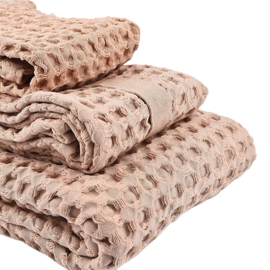 The Organic Company Closeout - 3 Piece Set - Big Waffle Bath Mat, Big Waffle Hand Towel - Big Waffle Cloth - Rose