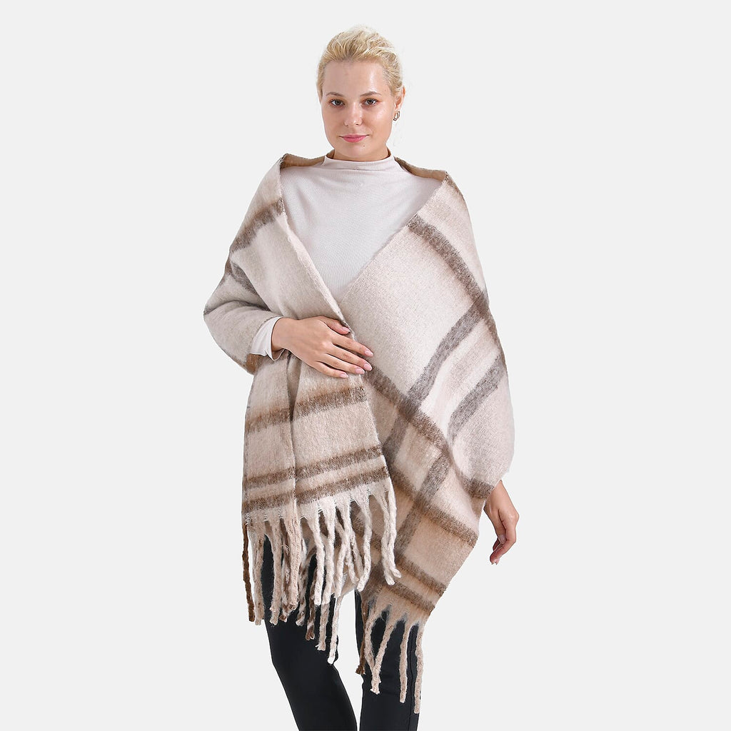 Cozy Checkered Woven Scarf with Fringes (Size 190x47cm) - Beige