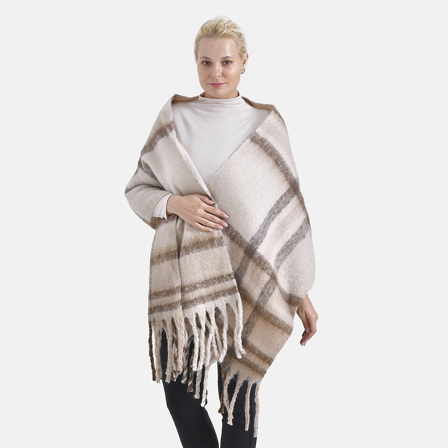Cozy Checkered Woven Scarf with Fringes (Size 190x47cm) - Beige 7847154 0
