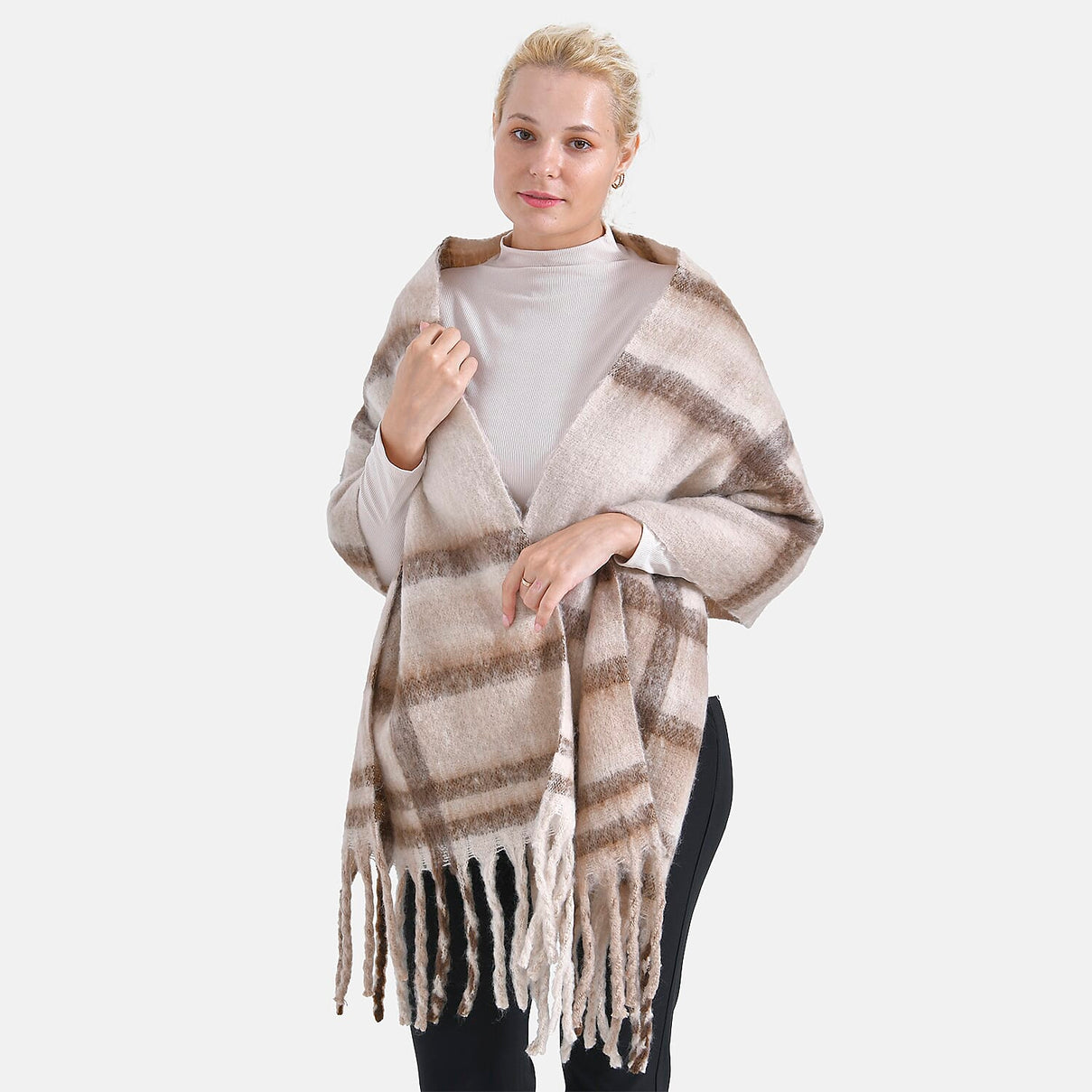 Cozy Checkered Woven Scarf with Fringes (Size 190x47cm) - Beige 7847154 2