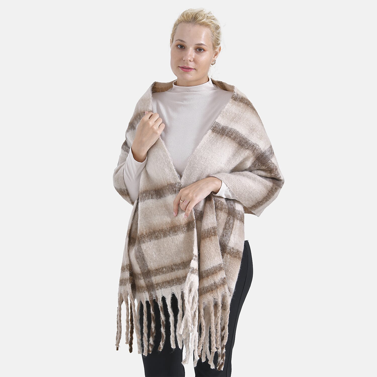 Cozy Checkered Woven Scarf with Fringes (Size 190x47cm) - Beige 7847154 2
