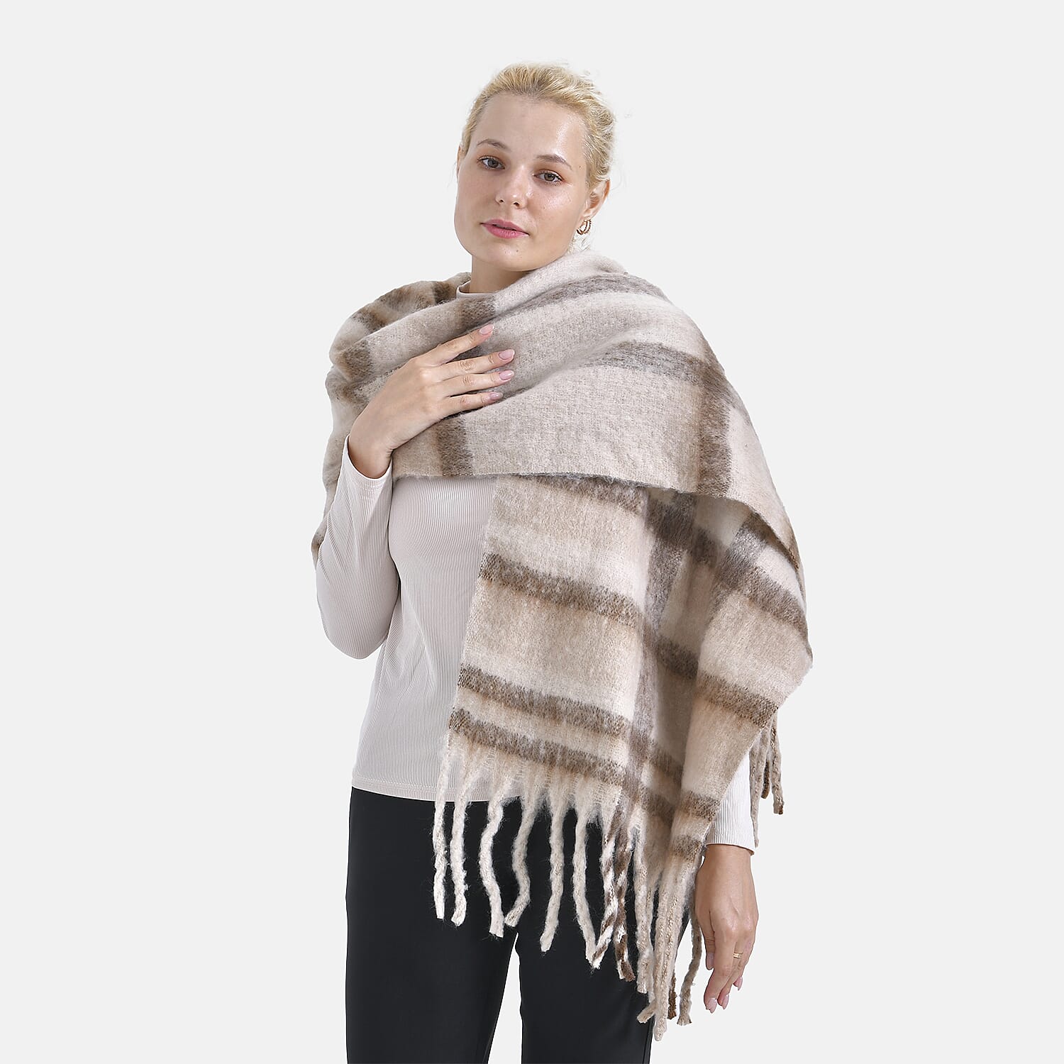Cozy Checkered Woven Scarf with Fringes (Size 190x47cm) - Beige 7847154 3