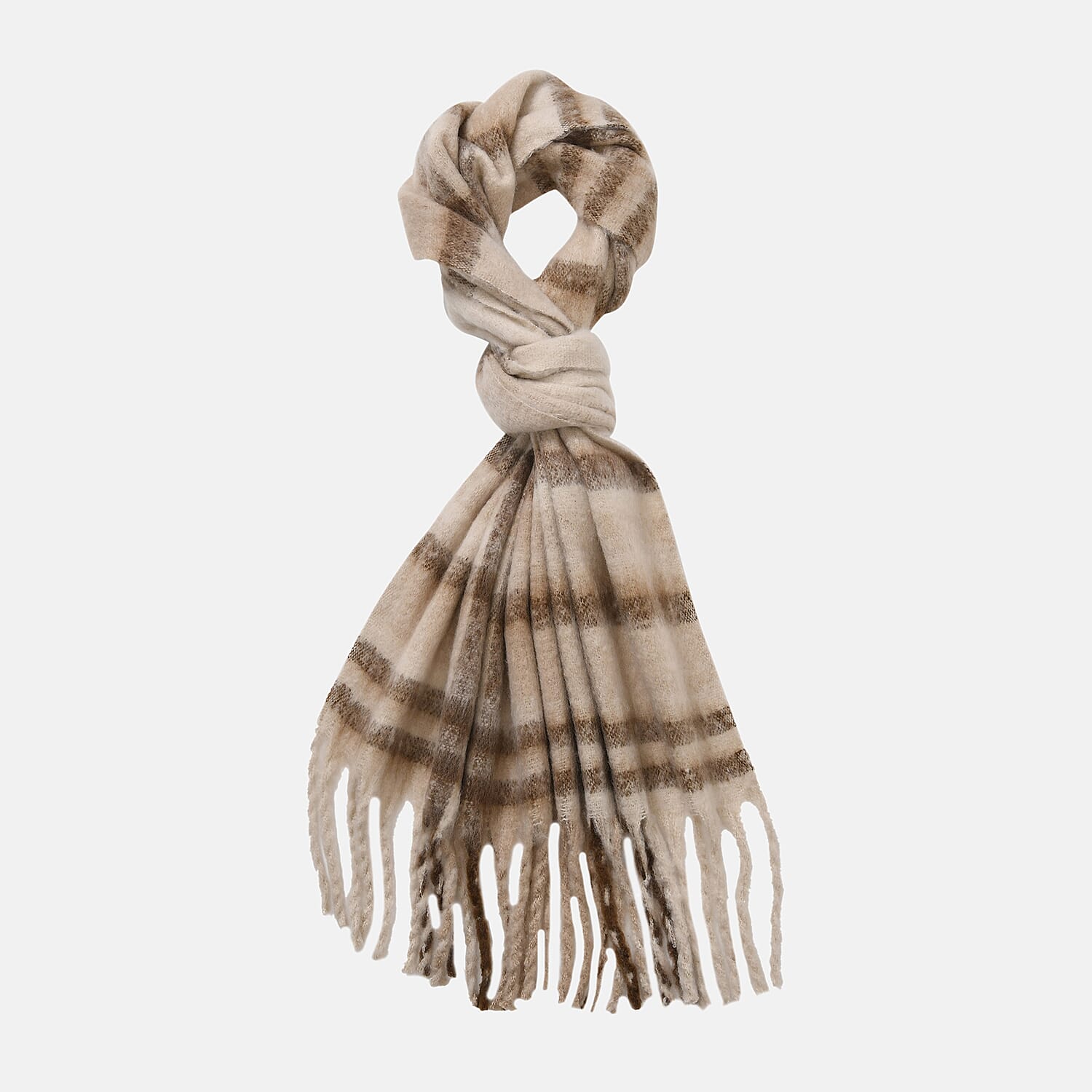 Cozy Checkered Woven Scarf with Fringes (Size 190x47cm) - Beige 7847154 4