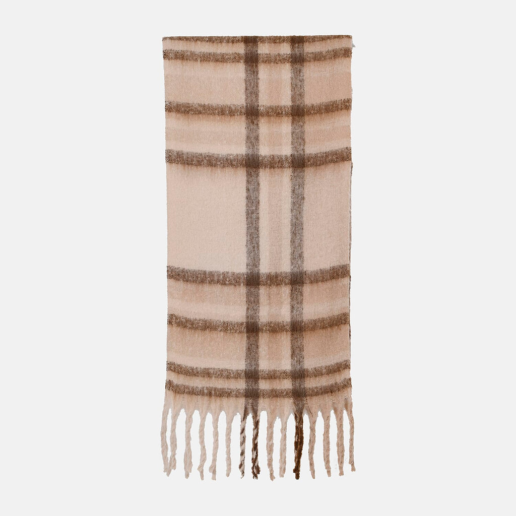 Cozy Checkered Woven Scarf with Fringes (Size 190x47cm) - Beige