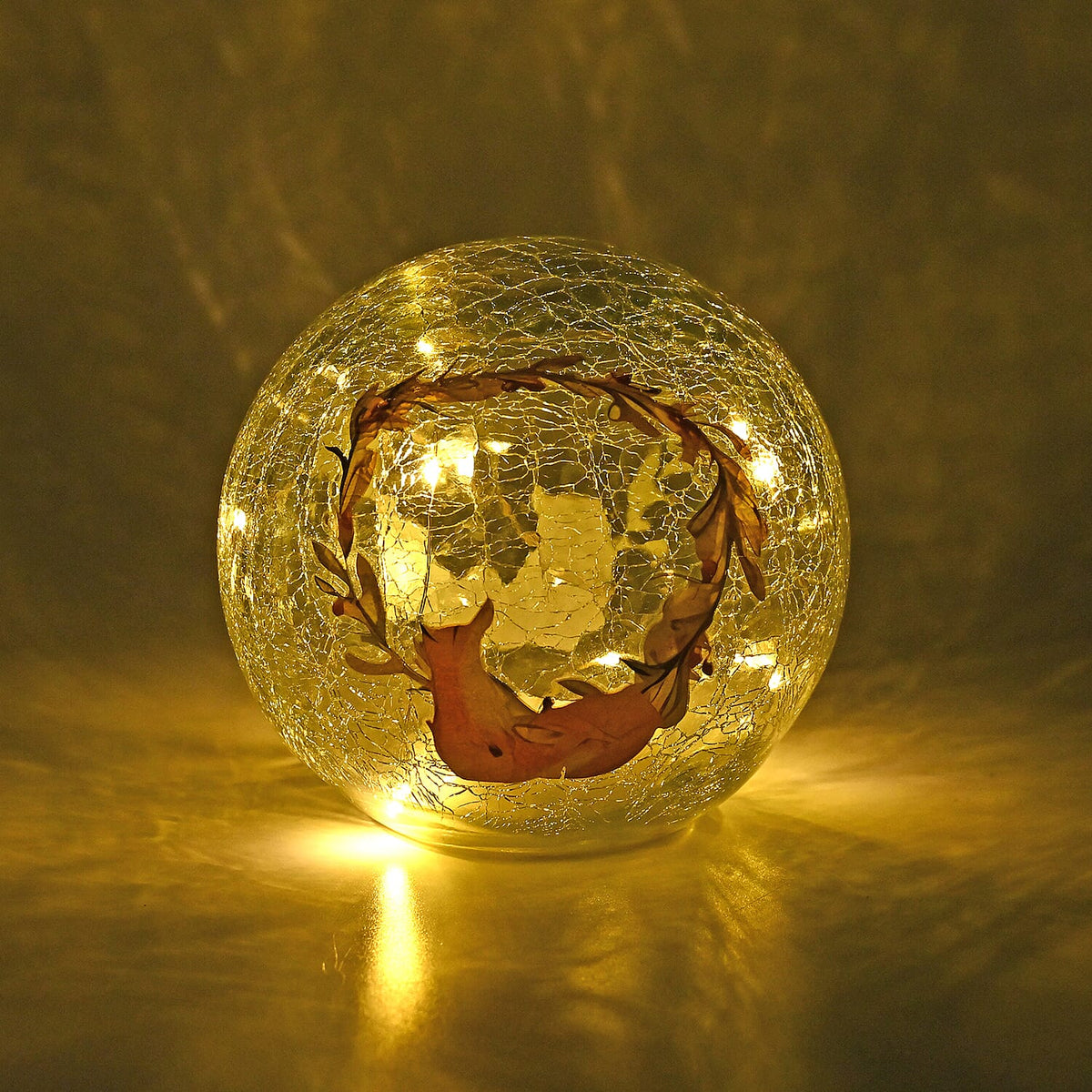 Cracked Glass Sphere Table Lamp with Foxes and Christmas Wreath Pattern (Size 15x15x14 Cm) - Multi 7577957 1