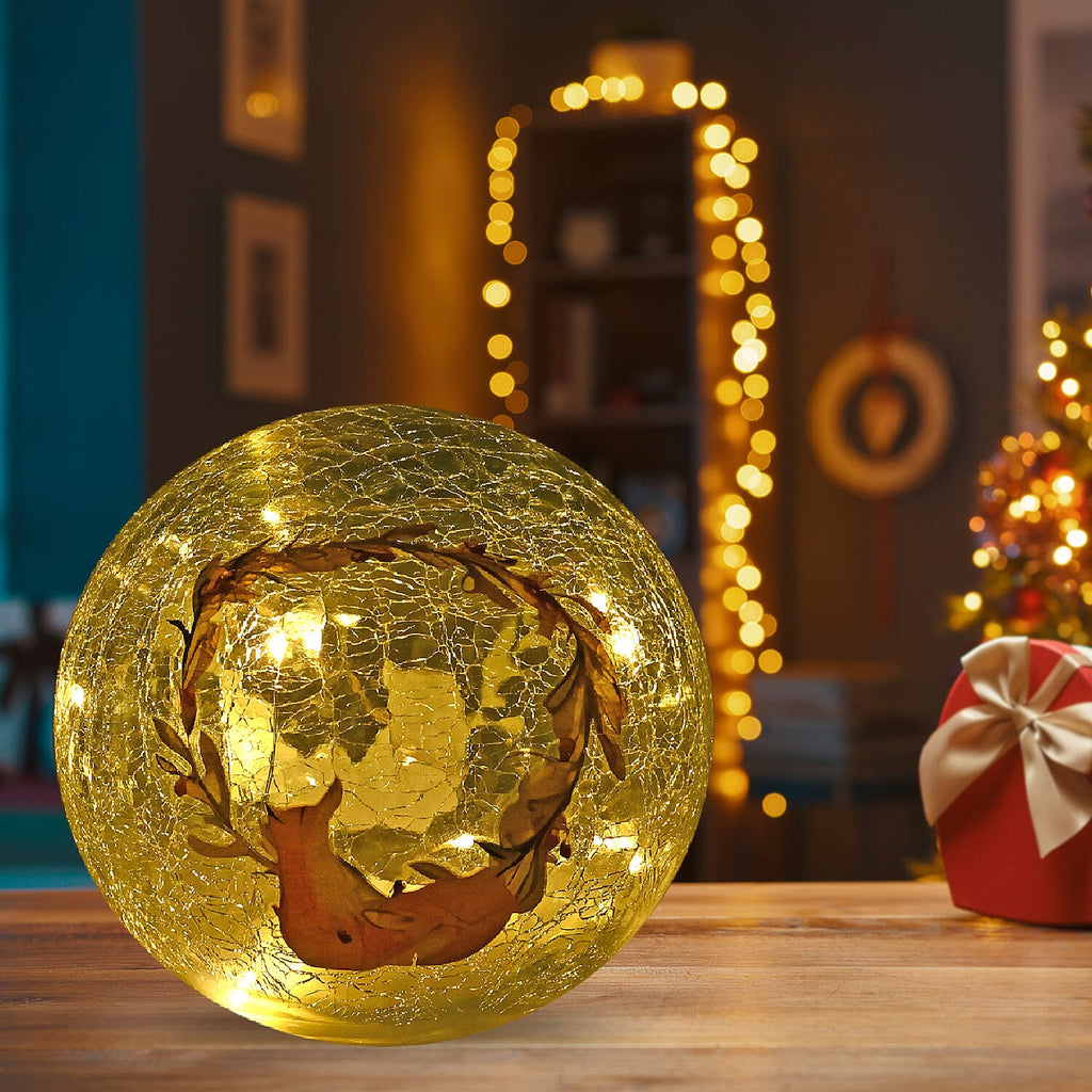 Cracked Glass Sphere Table Lamp with Foxes & Christmas Wreath Pattern (Size 15x15x14 Cm) - Multi