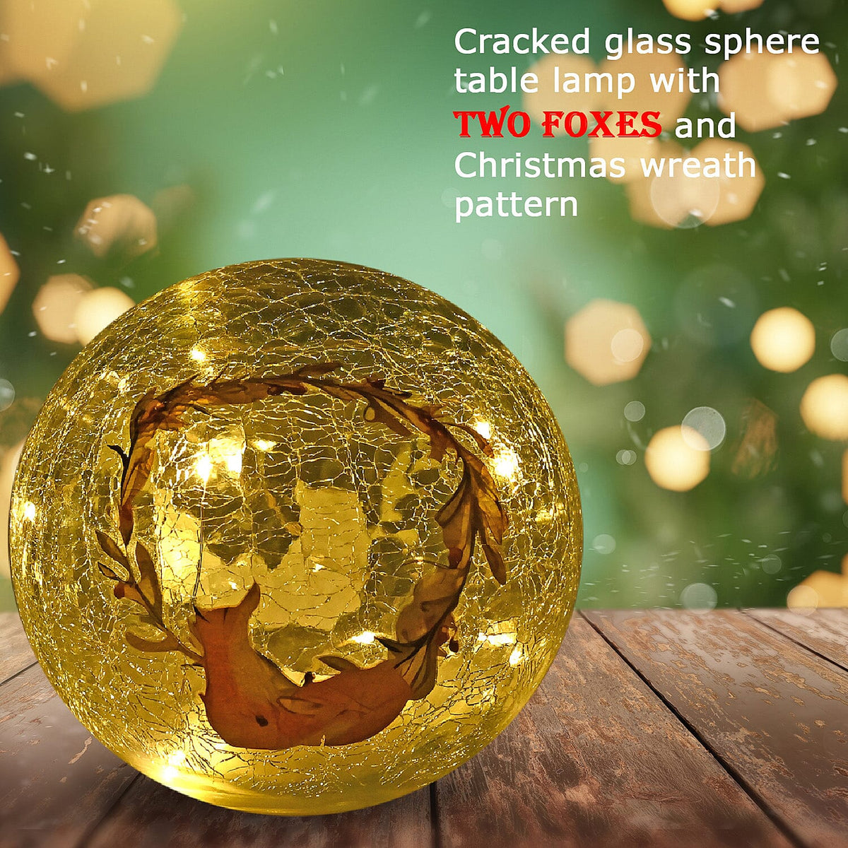 Cracked Glass Sphere Table Lamp with Foxes and Christmas Wreath Pattern (Size 15x15x14 Cm) - Multi 7577957 3