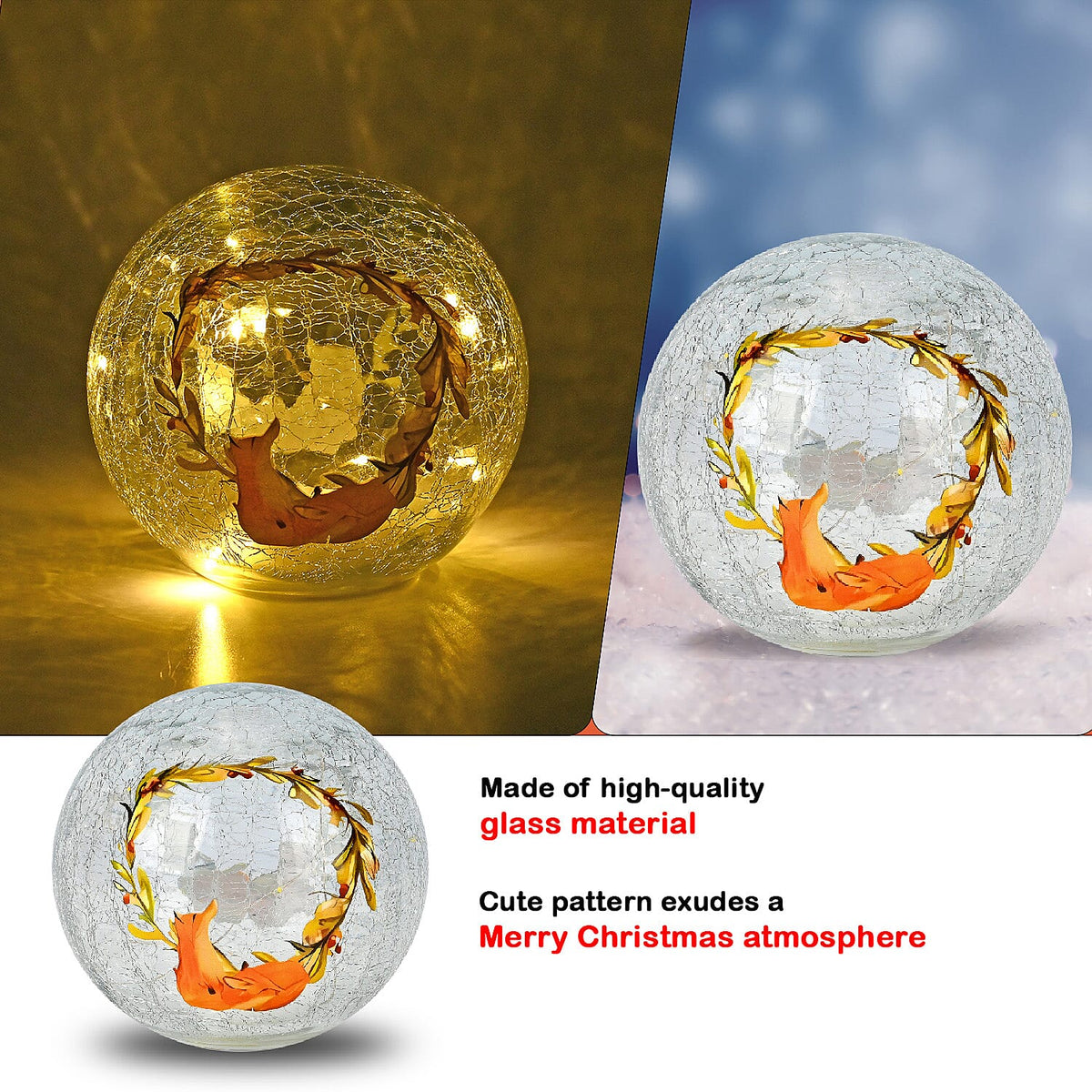 Cracked Glass Sphere Table Lamp with Foxes and Christmas Wreath Pattern (Size 15x15x14 Cm) - Multi 7577957 4