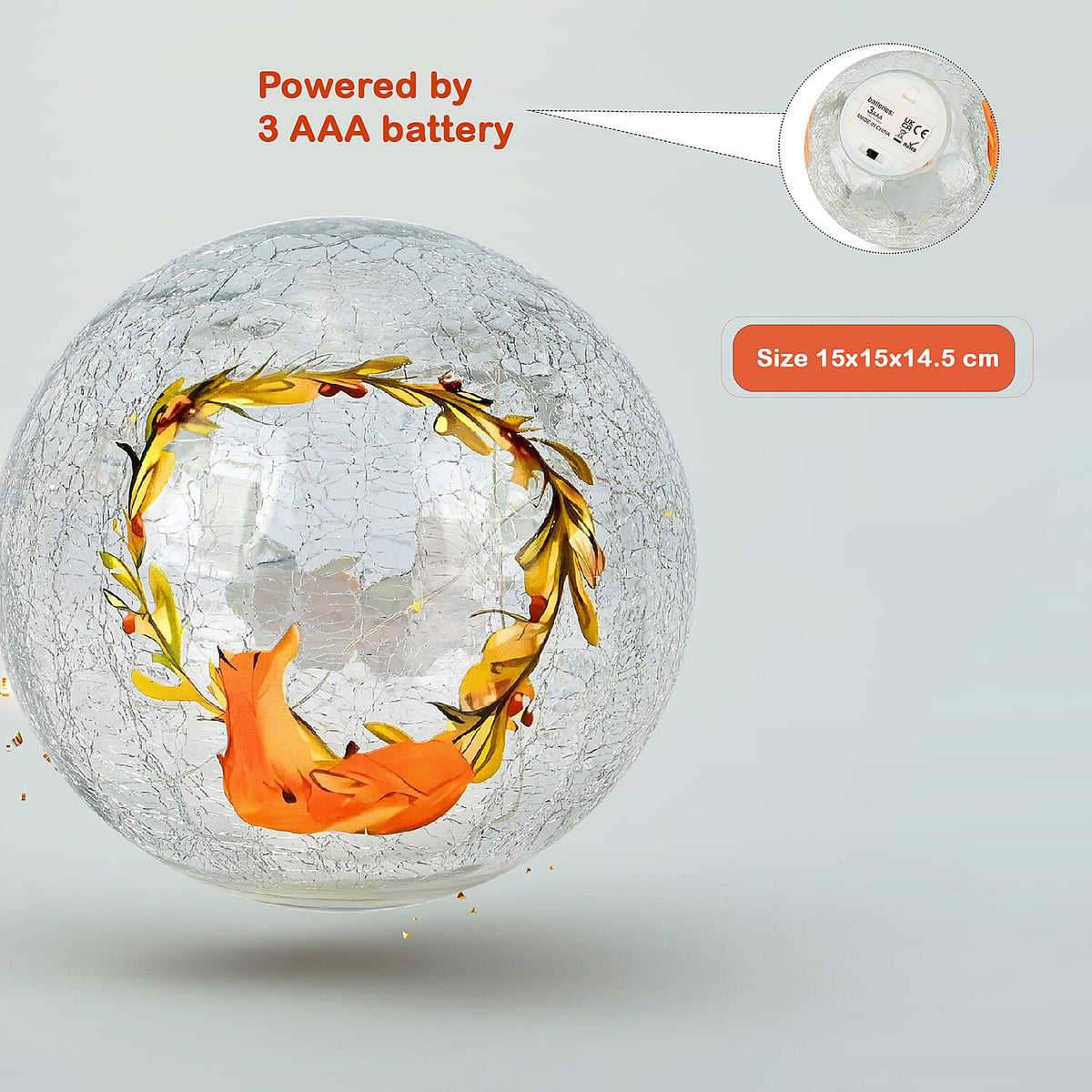 Cracked Glass Sphere Table Lamp with Foxes and Christmas Wreath Pattern (Size 15x15x14 Cm) - Multi 7577957 5