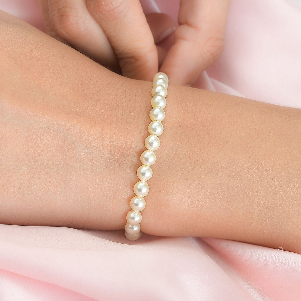 One Time Closeout - Cream Pearl Finest Austrian Crystal Beads Bracelet (Size - 7.5) in Platinum Overlay Sterling Silver 7657925 2