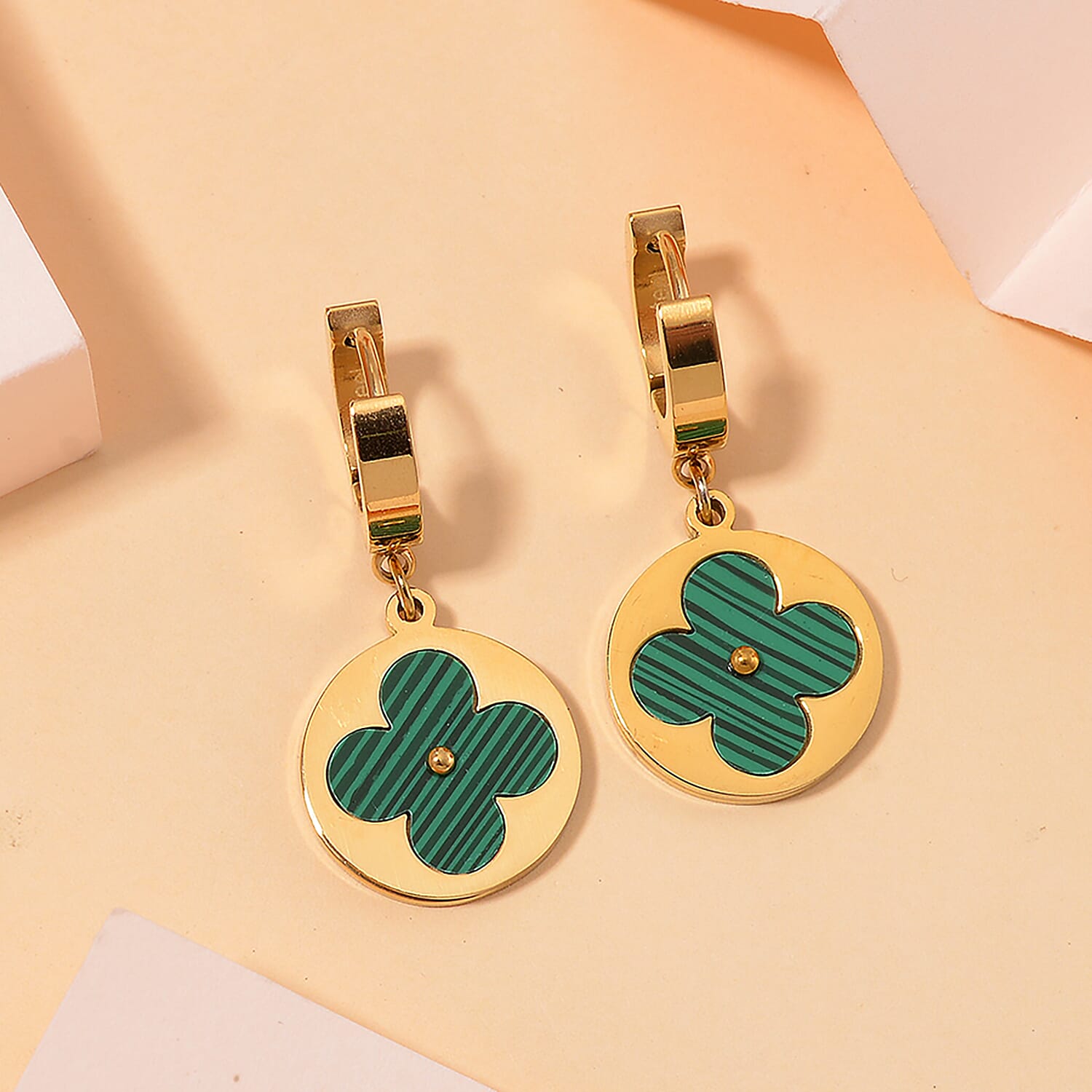 Lab Created Malachite Hoop Earrings in Yellow Tone 7843483 1