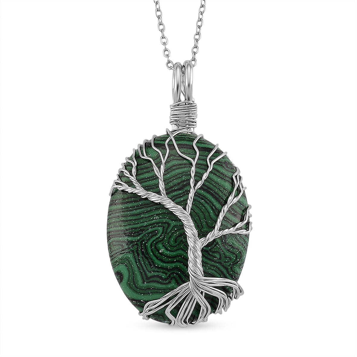 Created Malachite Oval Ethereal Tree of Life Pendant with Chain (Size 20 - 2 Ext) 20.00 Ct. 4426055 0