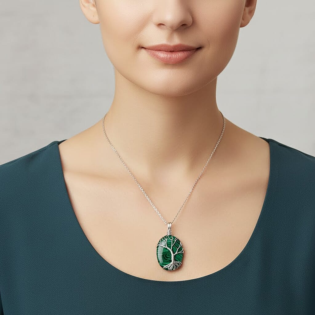 Created Malachite Oval Ethereal Tree of Life Pendant with Chain (Size 20 - 2 Ext) 20.00 Ct. 4426055 3