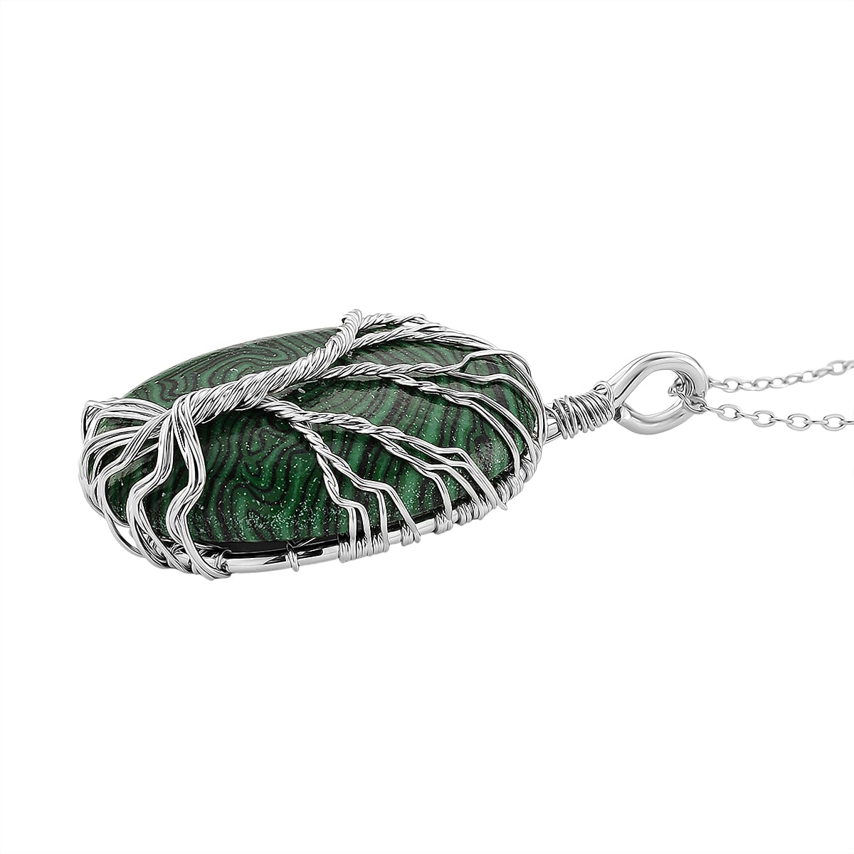 Created Malachite Oval Ethereal Tree of Life Pendant with Chain (Size 20 - 2 Ext) 20.00 Ct. 4426055 4
