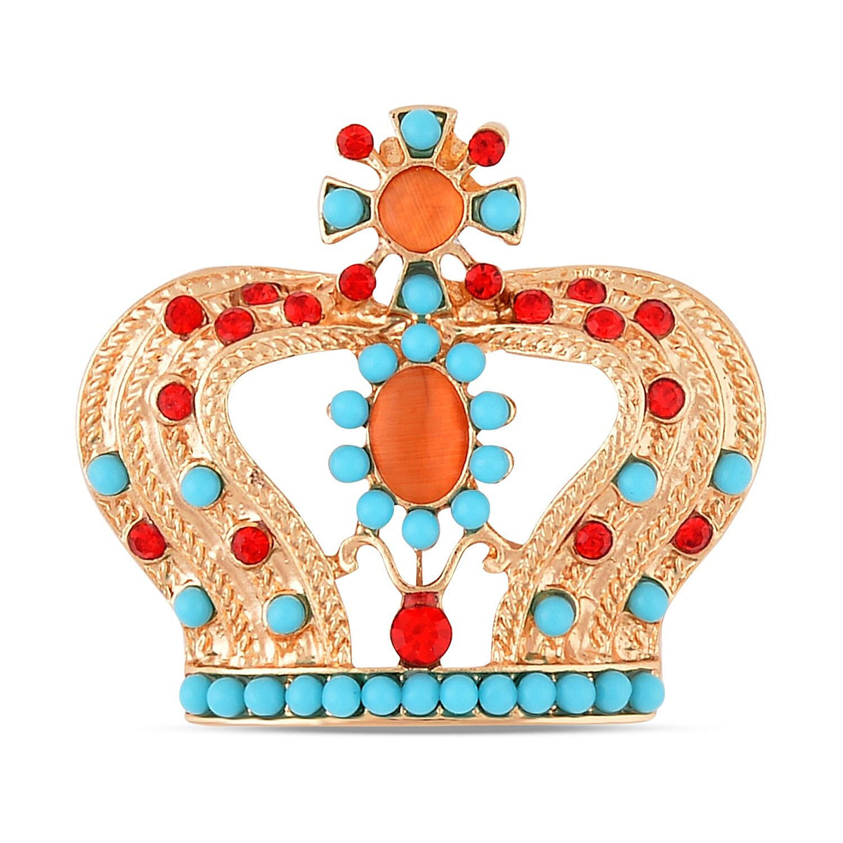 Created Orange Cat Eye and Multi Colour Austrian Crystal Crown Brooch in Yellow Gold Tone 7490591 0