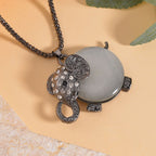 Created White Cats Eye, White & Black Austrian Crystal Elephant Necklace (Size - 28-2 inch Ext.) in Black Tone