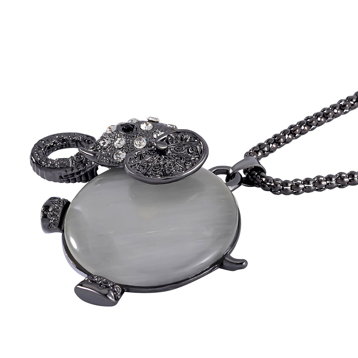 Created White Cats Eye, White &amp; Black Austrian Crystal Elephant Necklace (Size - 28-2 inch Ext.) in Black Tone 7665807 3