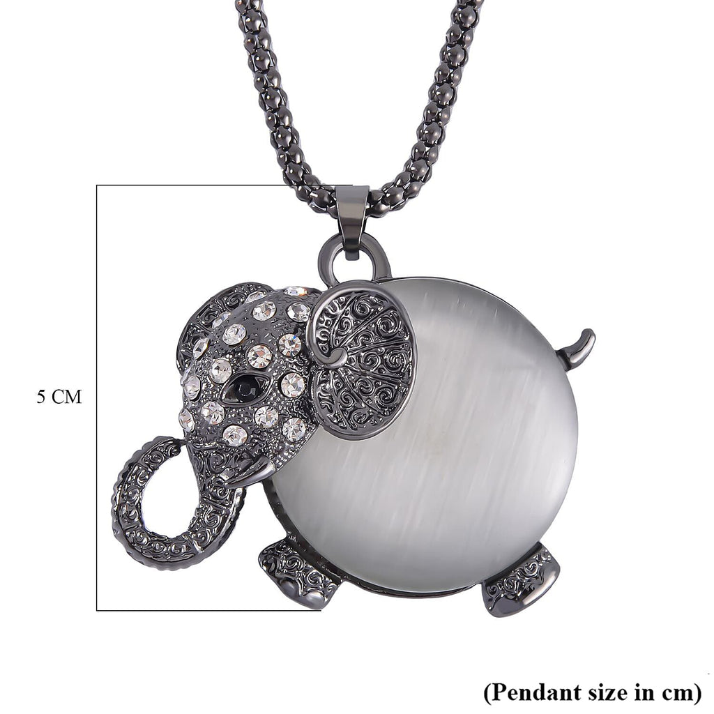 Created White Cats Eye, White & Black Austrian Crystal Elephant Necklace (Size - 28-2 inch Ext.) in Black Tone