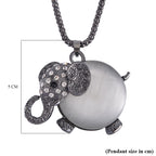 Created White Cats Eye, White & Black Austrian Crystal Elephant Necklace (Size - 28-2 inch Ext.) in Black Tone
