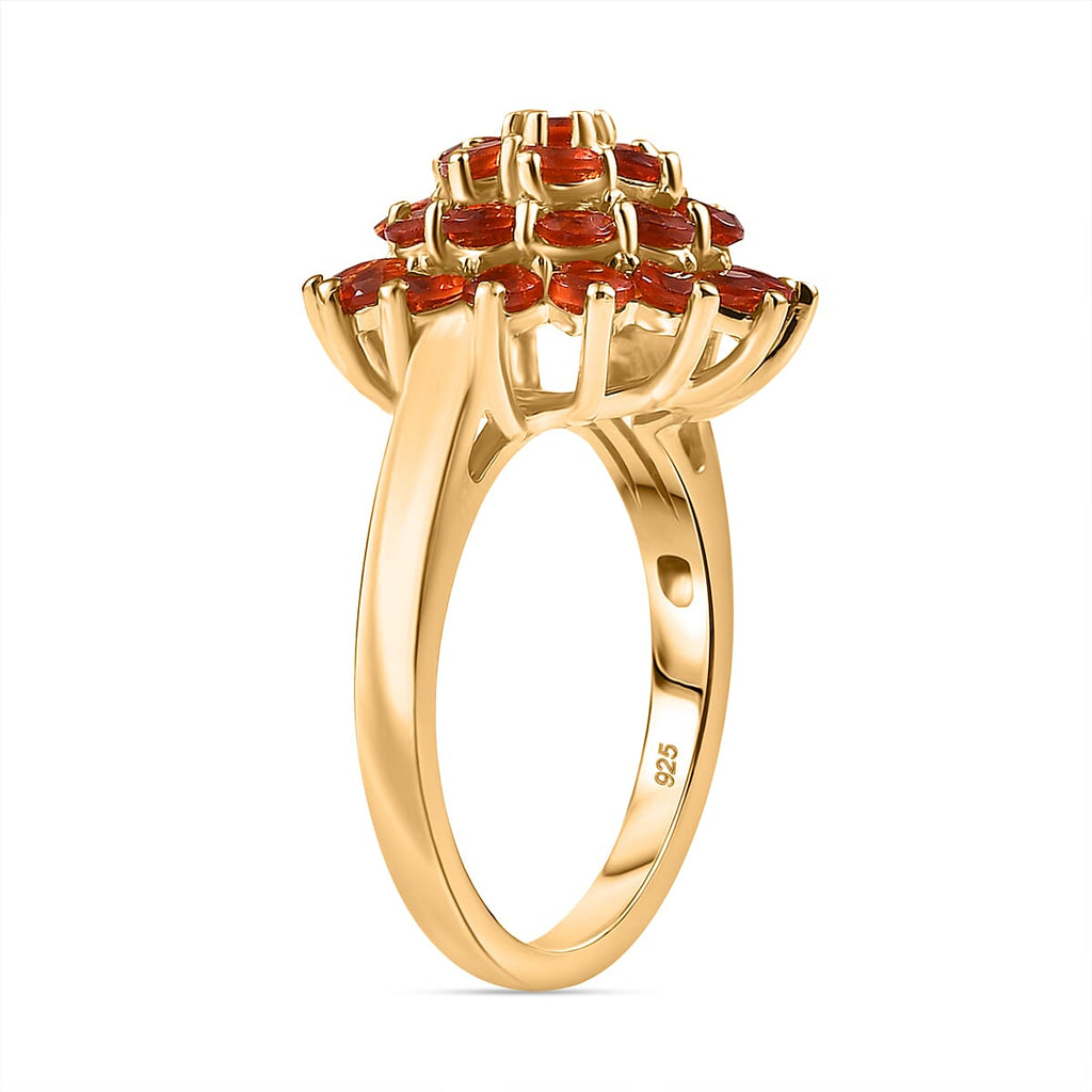Natural Crimson Fire Opal Daisy Bloom Cluster Ring in 18K Vermeil Yellow Gold Plated Sterling Silver 1.45 Ct.