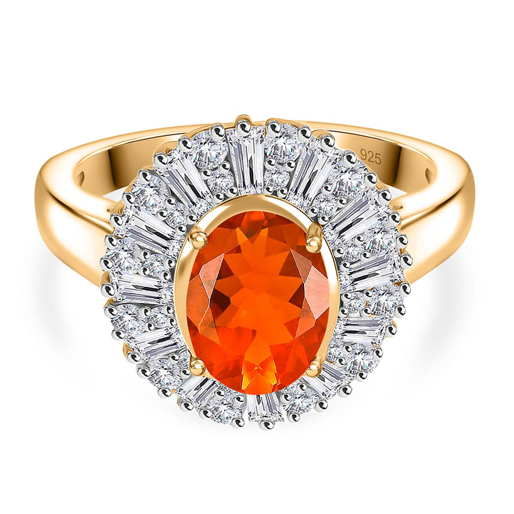 Natural Crimson Fire Opal & Moissanite Sunburst Ring in 18K Vermeil Yellow Gold Overlay Sterling Silver 1.61 Ct.