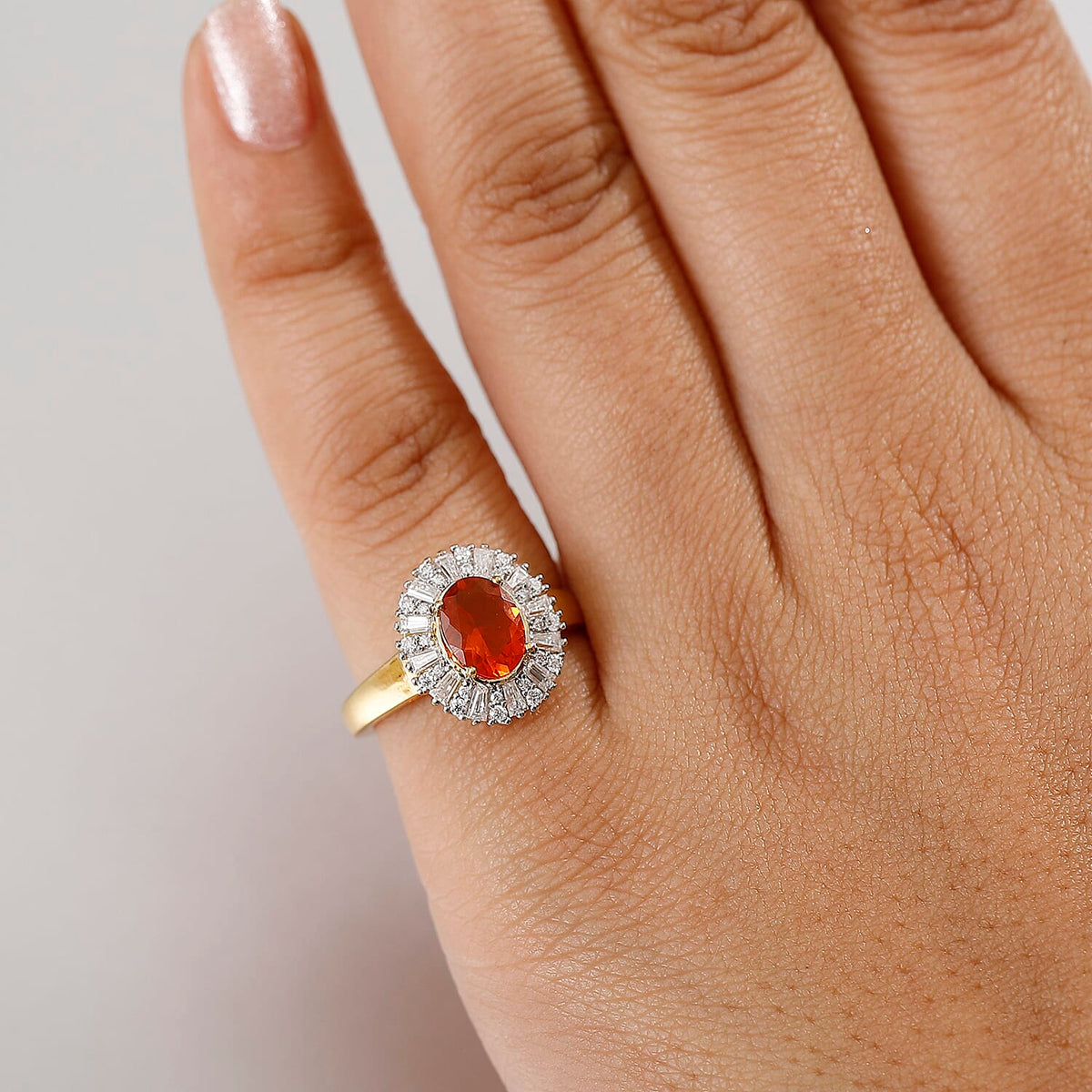 Natural Crimson Fire Opal, Moissanite Sunburst Ring in 18K Vermeil Yellow Gold Over Sterling Silver 1.61 Ct. 8067897 3