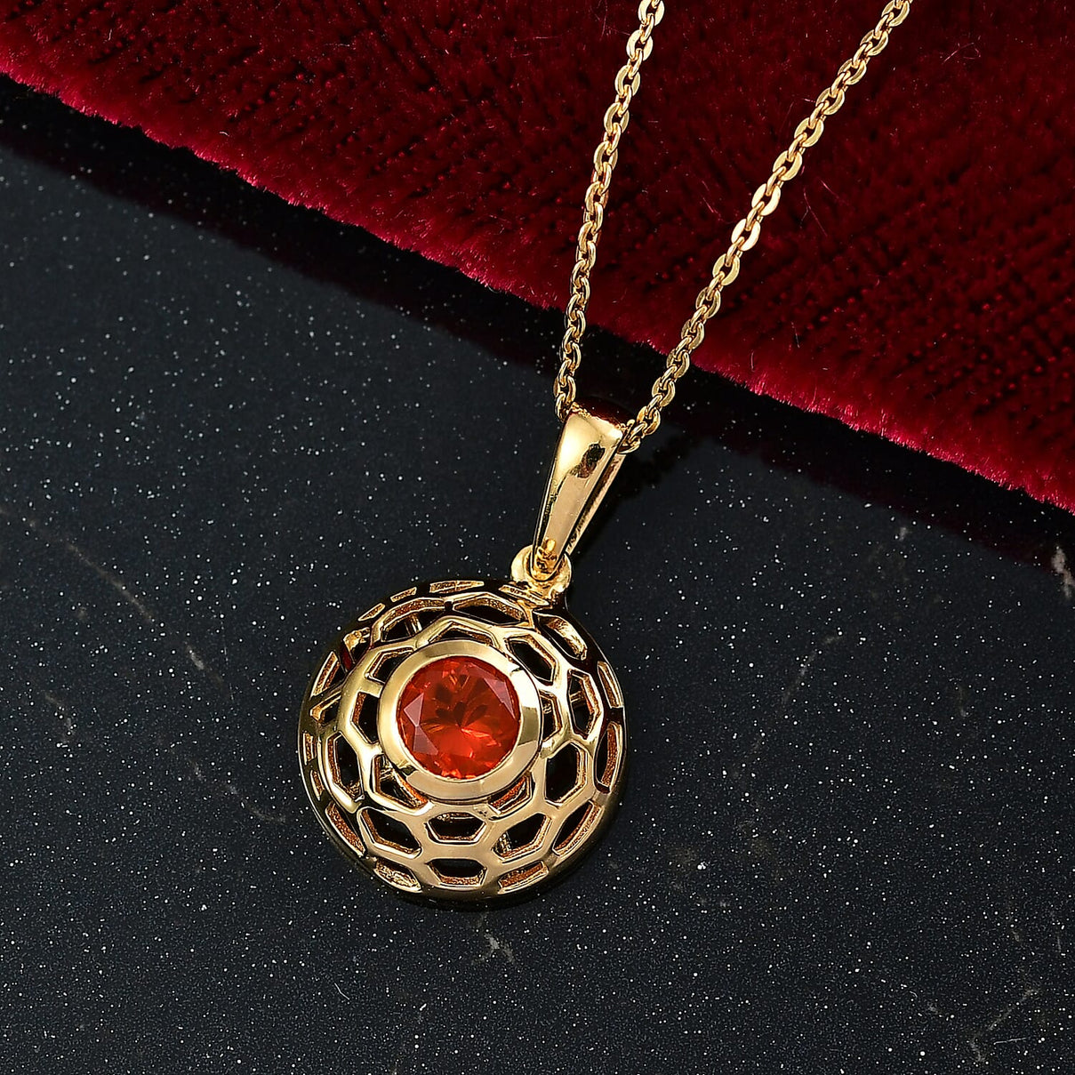 D'Joy Crimson Fire Opal Openwork Solitaire Pendant with Chain (Size 20) in Yellow Gold Overlay Sterling Silver 4413338 2