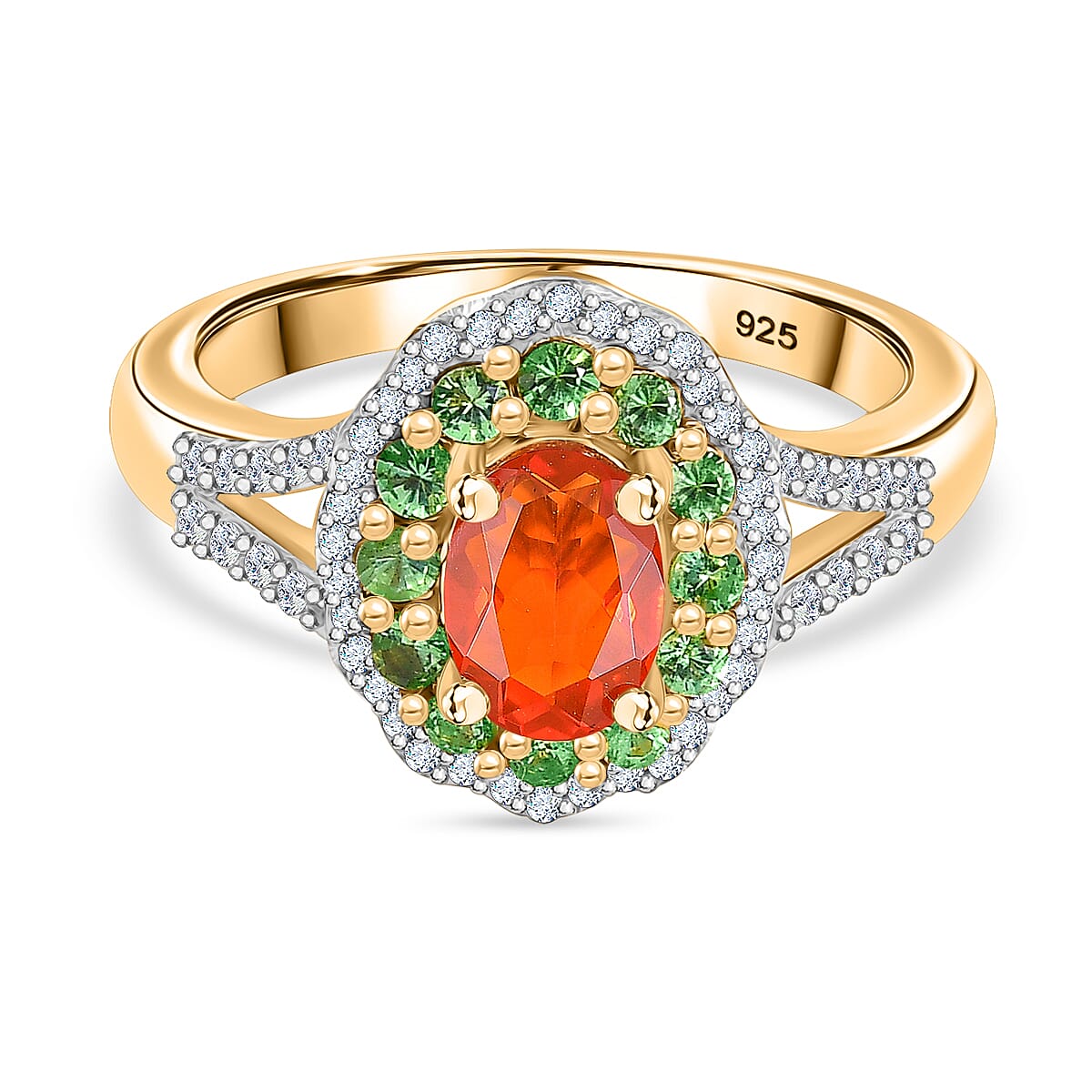 Natural Crimson Fire Opal, Tsavorite Garnet &amp; White Zircon Bloom Ring in 18K Vermeil Yellow Gold Overlay Sterling Silver 1.20 Ct. 8067910 0