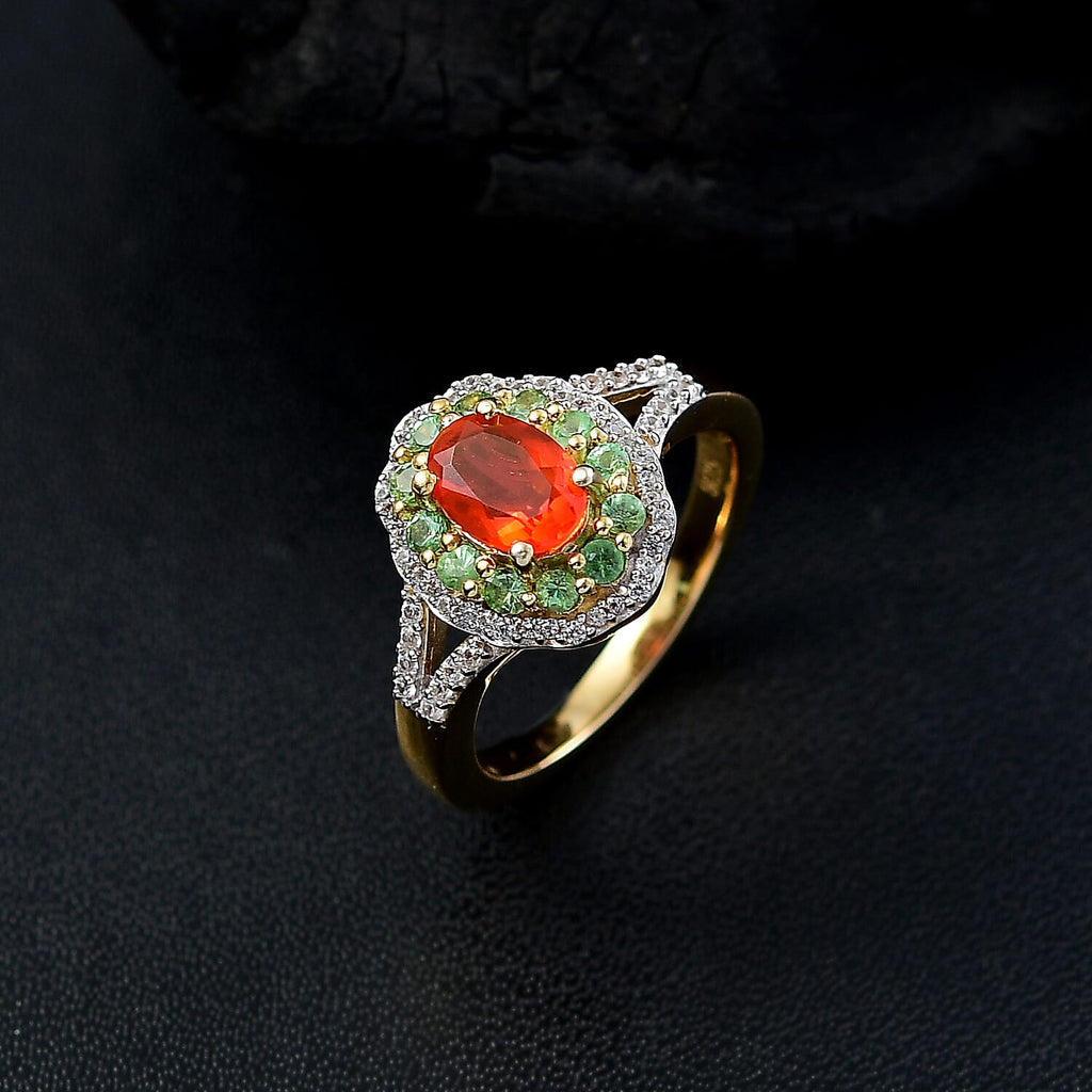 Natural Crimson Fire Opal, Tsavorite Garnet & White Zircon Bloom Ring in 18K Vermeil Yellow Gold Overlay Sterling Silver 1.20 Ct.