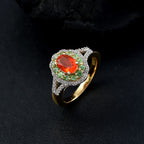 Natural Crimson Fire Opal, Tsavorite Garnet & White Zircon Bloom Ring in 18K Vermeil Yellow Gold Overlay Sterling Silver 1.20 Ct.