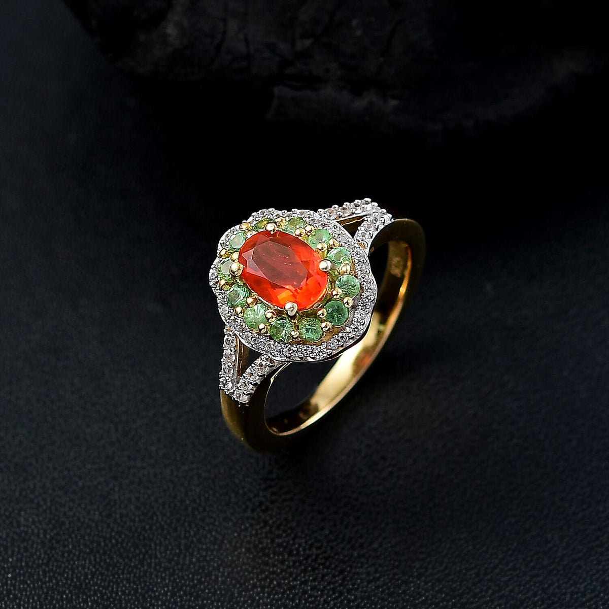 Natural Crimson Fire Opal, Tsavorite Garnet &amp; White Zircon Bloom Ring in 18K Vermeil Yellow Gold Overlay Sterling Silver 1.20 Ct. 8067910 2