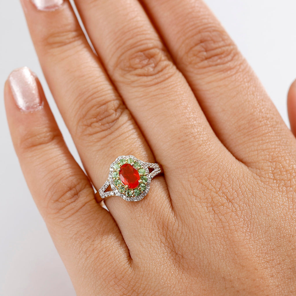 Natural Crimson Fire Opal, Tsavorite Garnet & White Zircon Bloom Ring in 18K Vermeil Yellow Gold Overlay Sterling Silver 1.20 Ct.