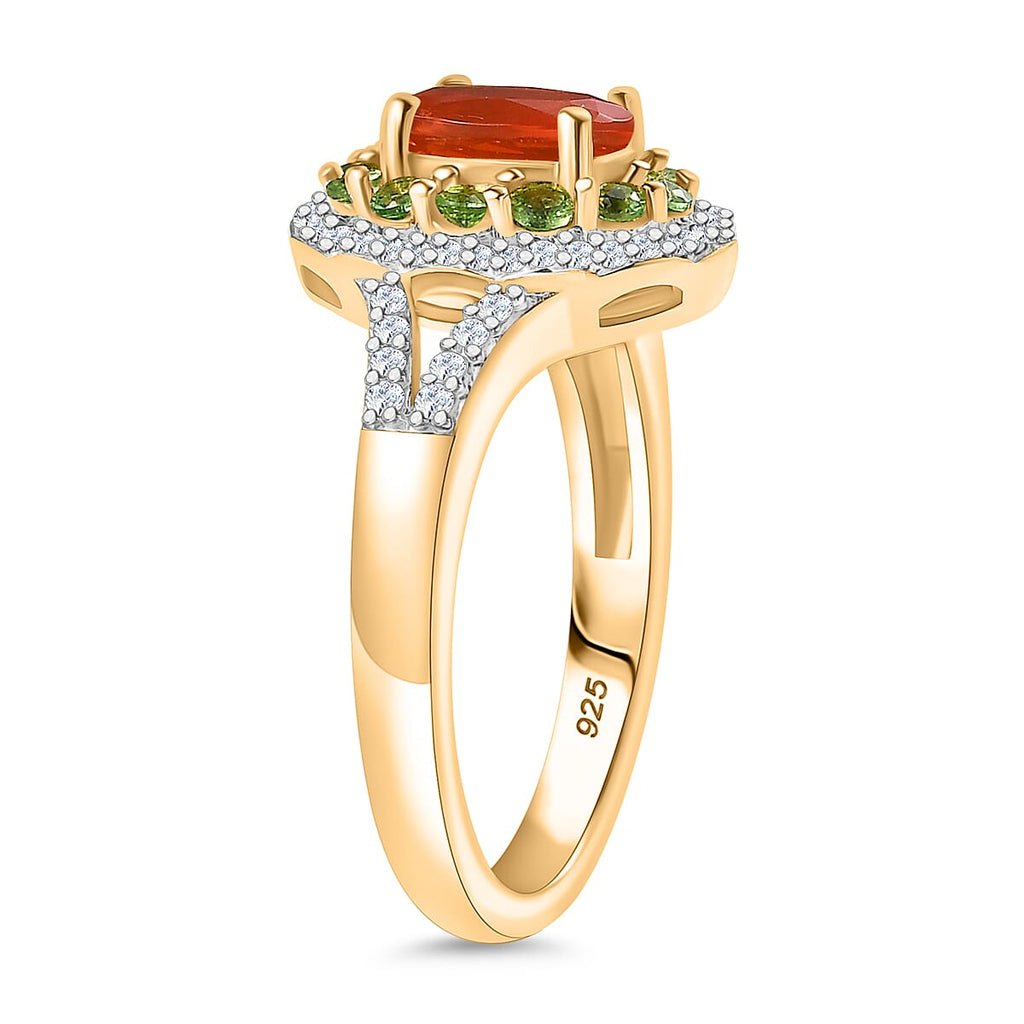 Natural Crimson Fire Opal, Tsavorite Garnet & White Zircon Bloom Ring in 18K Vermeil Yellow Gold Overlay Sterling Silver 1.20 Ct.