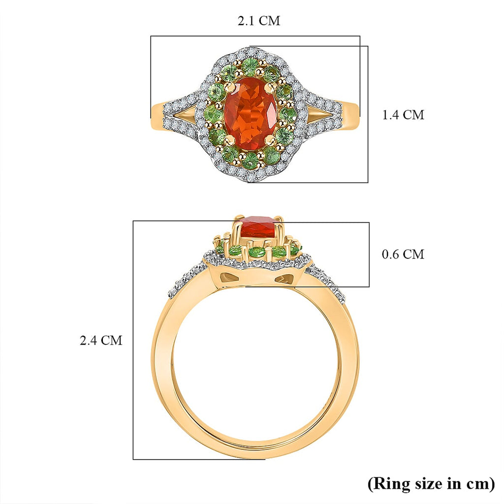 Natural Crimson Fire Opal, Tsavorite Garnet & White Zircon Bloom Ring in 18K Vermeil Yellow Gold Overlay Sterling Silver 1.20 Ct.