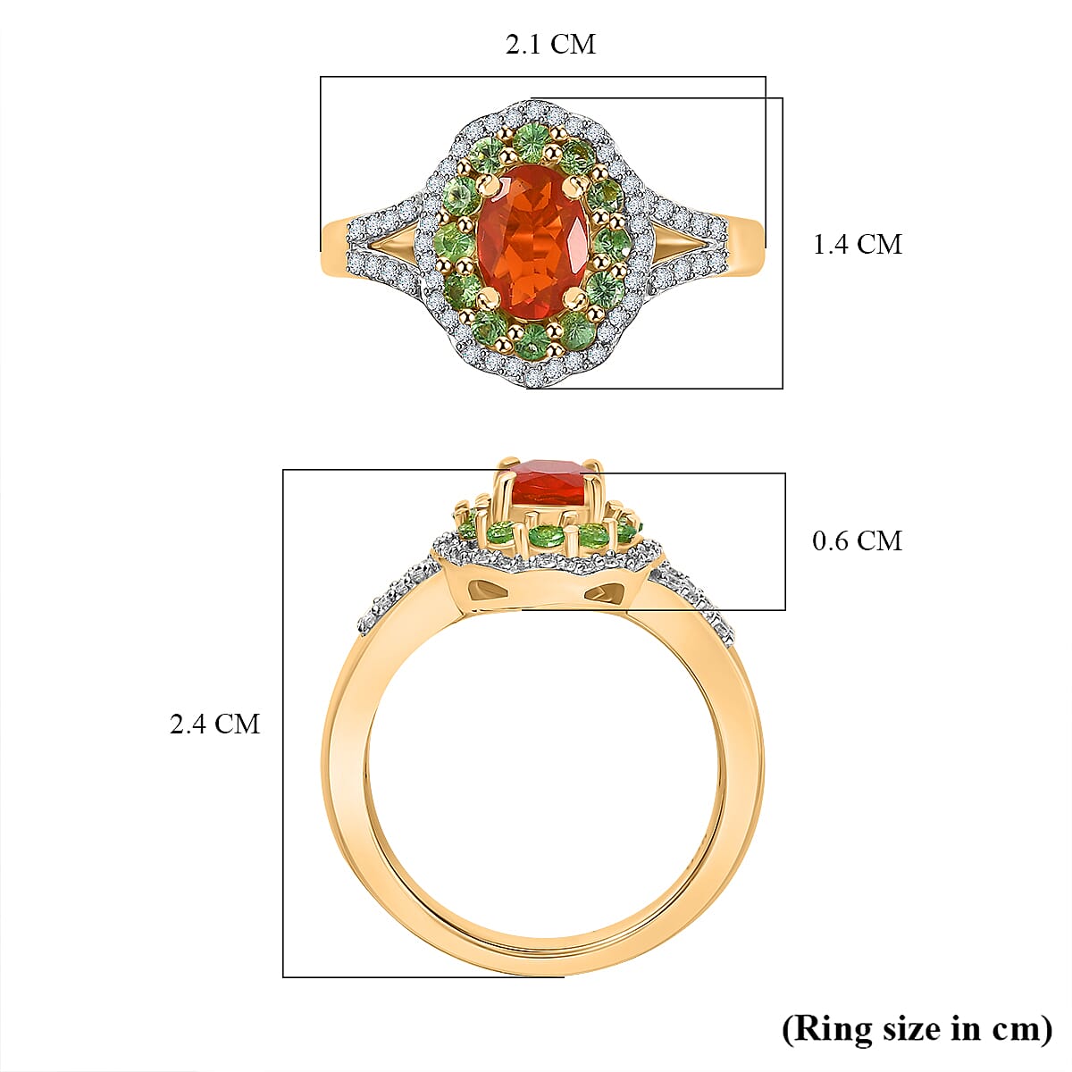 Natural Crimson Fire Opal, Tsavorite Garnet &amp; White Zircon Bloom Ring in 18K Vermeil Yellow Gold Overlay Sterling Silver 1.20 Ct. 8067910 6