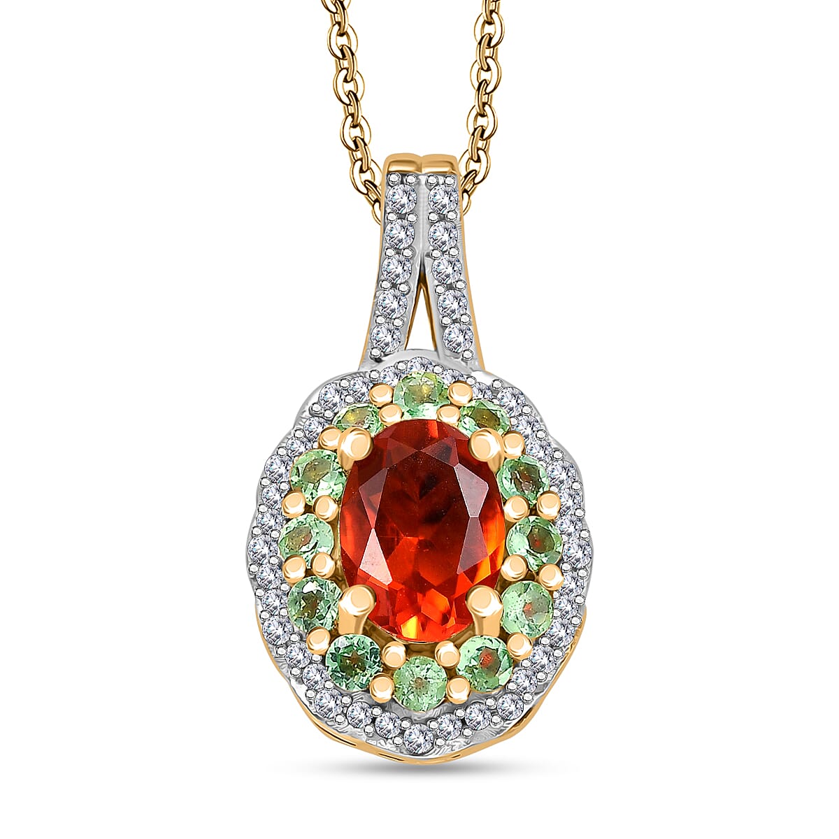Natural Crimson Fire Opal, Tsavorite Garnet &amp; White Zircon Acroclinium Bloom Pendant with Chain (Size 20) in 18K Vermeil Yellow Gold Plated Sterling Silver 1.13 Ct. 4361498 0