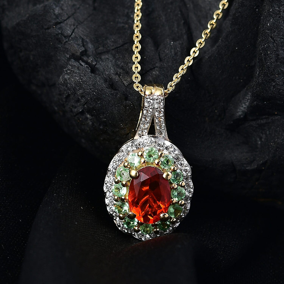 Natural Crimson Fire Opal, Tsavorite Garnet &amp; White Zircon Acroclinium Bloom Pendant with Chain (Size 20) in 18K Vermeil Yellow Gold Plated Sterling Silver 1.13 Ct. 4361498 2