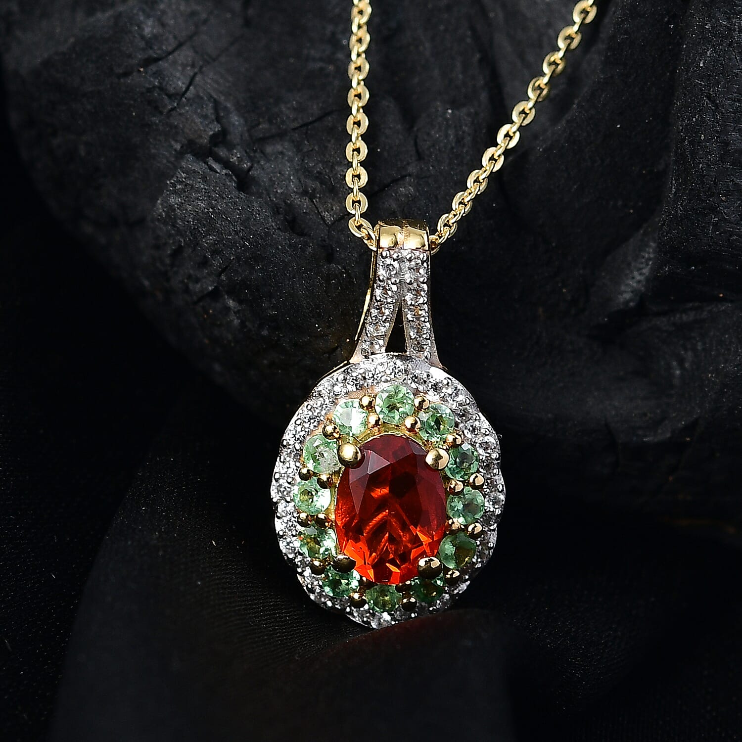 Natural Crimson Fire Opal, Tsavorite Garnet &amp; White Zircon Acroclinium Bloom Pendant with Chain (Size 20) in 18K Vermeil Yellow Gold Plated Sterling Silver 1.13 Ct. 4361498 2