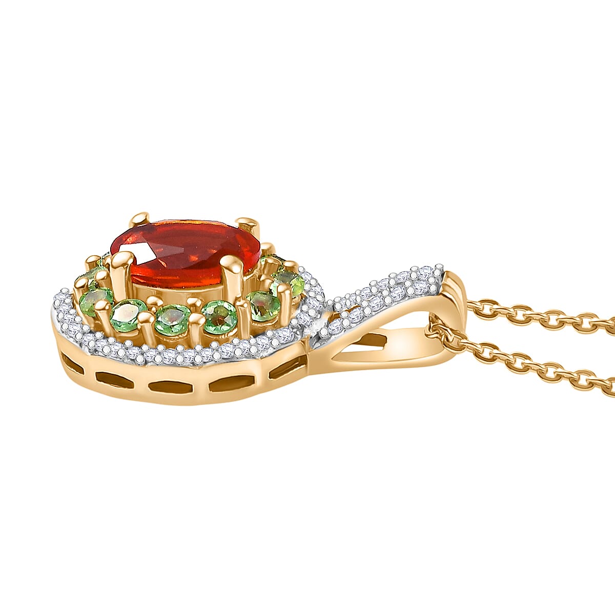 Natural Crimson Fire Opal, Tsavorite Garnet &amp; White Zircon Acroclinium Bloom Pendant with Chain (Size 20) in 18K Vermeil Yellow Gold Plated Sterling Silver 1.13 Ct. 4361498 3
