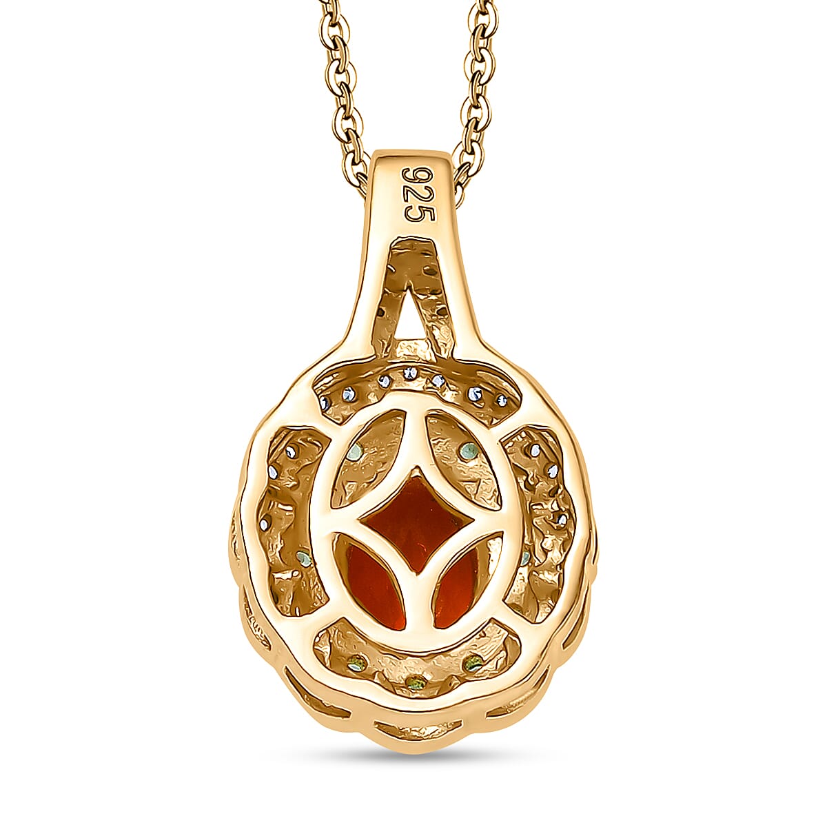 Natural Crimson Fire Opal, Tsavorite Garnet &amp; White Zircon Acroclinium Bloom Pendant with Chain (Size 20) in 18K Vermeil Yellow Gold Plated Sterling Silver 1.13 Ct. 4361498 4