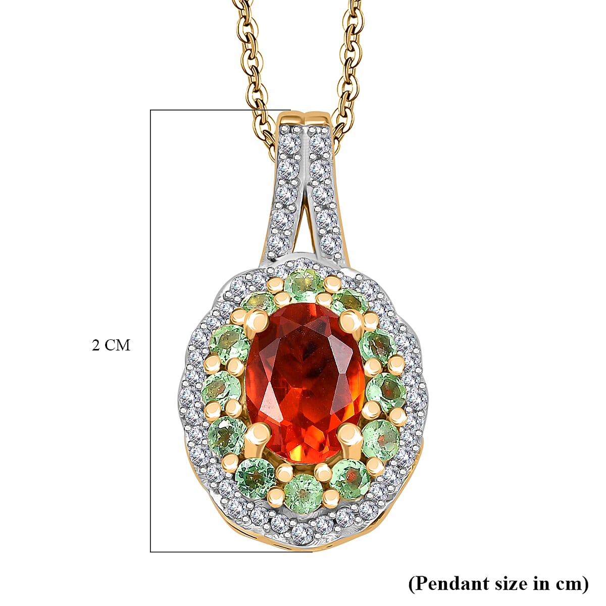 Natural Crimson Fire Opal, Tsavorite Garnet &amp; White Zircon Acroclinium Bloom Pendant with Chain (Size 20) in 18K Vermeil Yellow Gold Plated Sterling Silver 1.13 Ct. 4361498 6