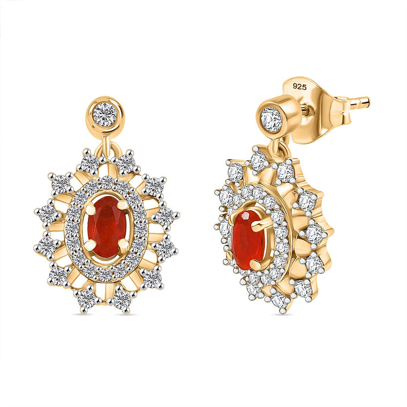 Natural Crimson Fire Opal and White Zircon Daisy Bloom Dangling Earring with Push Back in 18K Vermeil Yellow Gold Plated Sterling Silver 1.23 Ct.