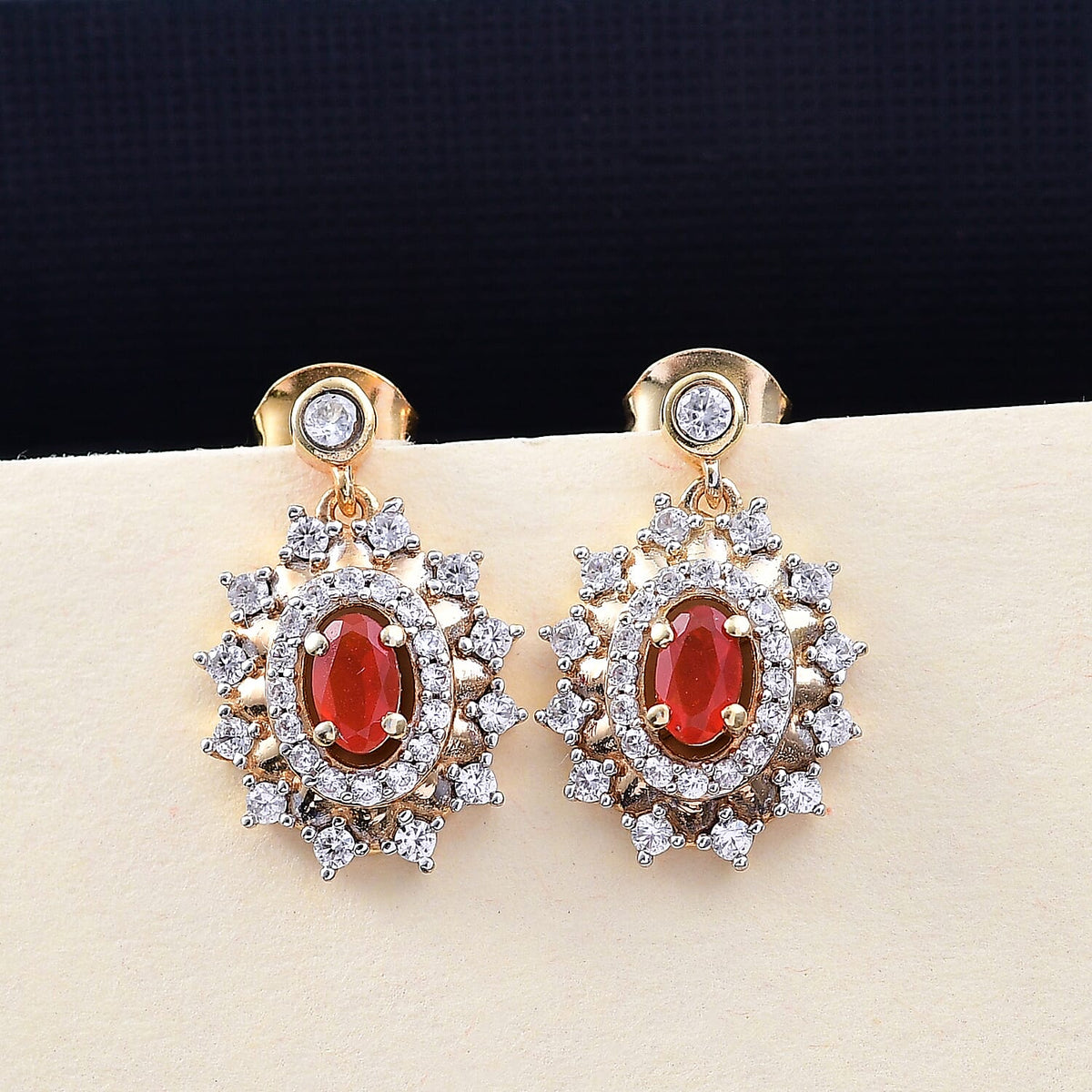 Natural Crimson Fire Opal and White Zircon Daisy Bloom Dangling Earring with Push Back in 18K Vermeil Yellow Gold Plated Sterling Silver 1.23 Ct. 8067976 2